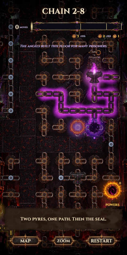 Two pyres, one path, then the seal. The board tells you what it wants.
