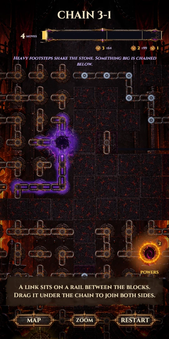 A link sits on a rail. Drag it under the chain to join both sides.